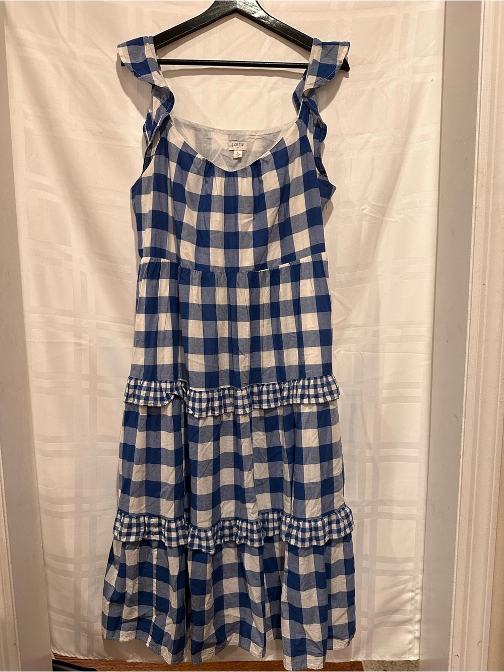 J. Crew Blue and White Gingham Ruffle Strap Midi Dress